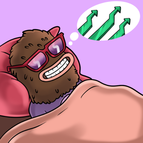 A cartoon "Buy the Dip" yeti (inspired by the popular meme character) wearing sunglasses sleeps peacefully in bed with a thought bubble showing green upward arrows, visually reinforcing the post's message about accumulating crypto (like Bitcoin) and ignoring short-term price action to hold long-term.