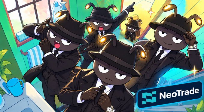A colorful anime-style promotional illustration for 'NeoTrade' featuring multiple ant-like characters wearing suits and fedoras, with one prominently adjusting his tie in the foreground.