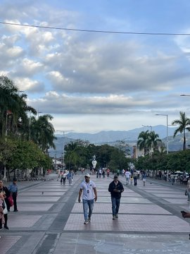 People walking along a wide, tiled promenade lined with palm trees under a cloudy sky, with mountains visible in the distance.