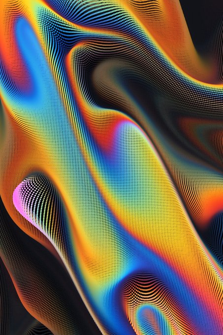A vibrant, wavy 3D rendering with a rainbow gradient and a dotted texture pattern.