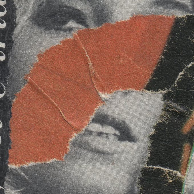 A torn piece of paper with a textured orange/red surface collaged over a black and white photograph of a woman's face, showing her eyes and lips.