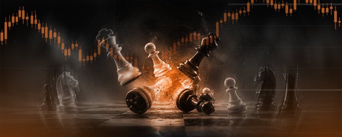 A dramatic digital render of broken chess pieces—king, queen, bishop, knight, and pawn—shattered and floating amid sparks, set against a backdrop of orange financial candlestick charts.