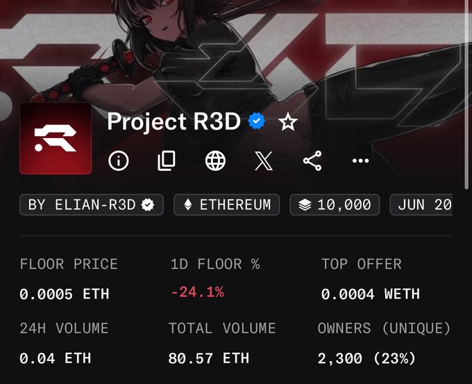 The image shows a NFT collection page for "Project R3D" on Ethereum, with a floor price of 0.0005 ETH, a 1D floor drop of -24.1%, top offer of 0.0004 WETH, 24H volume of 0.04 ETH, total volume of 80.57 ETH, and 2,300 unique owners (23%). The caption relates to the post's criticism of the Project R3D founder's lack of engagement, as the stats reveal a declining floor price (-24.1% in 24 hours) and very low trading volume (only 0.04 ETH in 24 hours), suggesting weak market interest compared to the more active Racerz NFT.