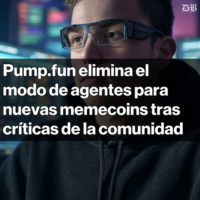 A news graphic from The Block featuring a young man with safety glasses on a trading floor, with the Spanish headline 'Pump.fun elimina el modo de agentes para nuevas memecoins tras críticas de la comunidad'.