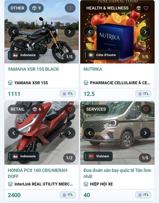 The image displays a 2x2 grid of product listings on what appears to be the LinkersMap platform, showing four items priced in $ITL: a YAMAHA XSR 155 Black motorcycle (Indonesia, 1111 $ITL), NUTRIKA functional food (Côte D'Ivoire, 12.5 $ITL), a HONDA PCX 160 CBS red scooter (Indonesia, 2400 $ITL), and a SUV service (Vietnam, 40 $ITL). This visually reinforces the post's reminder for businesses to keep their $ITL product prices current as Phase II of LinkersMap approaches.