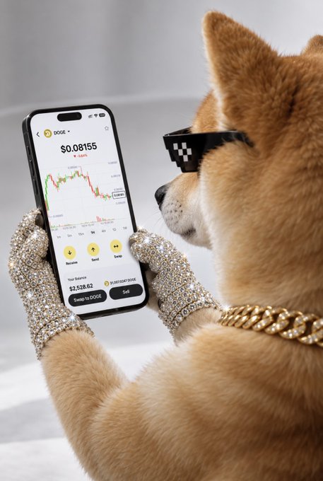 A Shiba Inu dog wearing pixelated sunglasses and a gold chain holds a smartphone displaying the DOGE cryptocurrency trading screen.