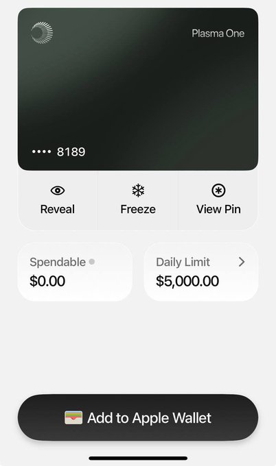 The image shows an iPhone screen with a credit card app open. The app displays information about adding an Apple Wallet, including details such as the activation code for Plasma AI and the promotion of Claude Mythos. The text also mentions that the app is available on both iOS and Android devices.
