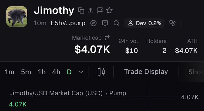 A cryptocurrency token page displays 'Jimothy' with ticker E5hV...pump, showing a market cap of $4.07K, 24h volume of $10, only 2 holders, and 'Dev 0.2%' fee information.