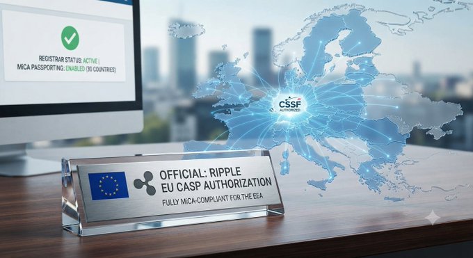 A crystal award on a desk reads "OFFICIAL: RIPPLE EU CASP AUTHORIZATION - FULLY MiCA-COMPLIANT FOR THE EEA," with a monitor displaying "REGISTRAR STATUS: ACTIVE" and "MICA PASSPORTING: ENABLED (30 COUNTRIES)" against a backdrop of a European map marked with the CSSF Luxembourg logo, visually symbolizing Ripple's new "master key" access across all 30 EU markets.