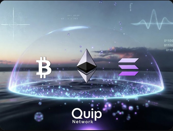 The image features a digital illustration of a floating bubble with three different types of cryptocurrency symbols inside, including a Bitcoin symbol at the top left corner, an Ethereum symbol in the middle right corner, and a Ripple symbol at the bottom center. The background is a blue sky with clouds, creating a futuristic atmosphere. The caption below the image reads "Quantum security isn't sci-fi anymore it's coming soon The real challenge: How do we upgrade crypto without forcing users to move assets or change anything?".