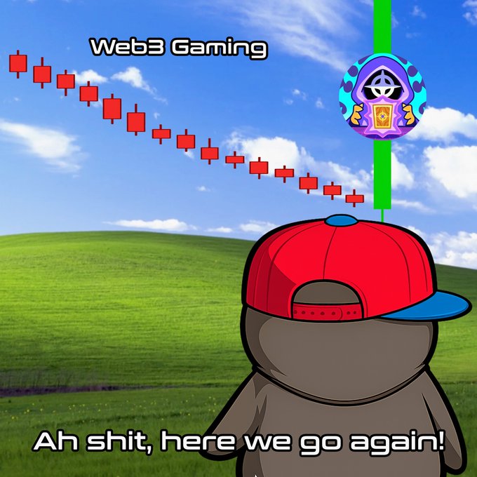 A meme featuring a character in a red cap against the classic Windows XP hills background, with a descending red candlestick chart and text reading 'Web3 Gaming' and 'Ah shit, here we go again!'.