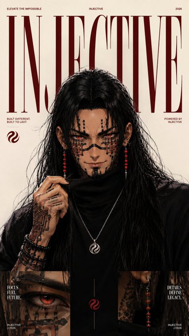 A stylized poster titled 'INJECTIVE' featuring a person with long black hair and intricate facial tattoos, with text including 'ELEVATE THE IMPOSSIBLE', '2026', 'BUILT DIFFERENT BUILT TO LAST', 'POWERED BY INJECTIVE', 'FOCUS FUEL FUTURE', and 'DETAILS DEFINE LEGACY'.