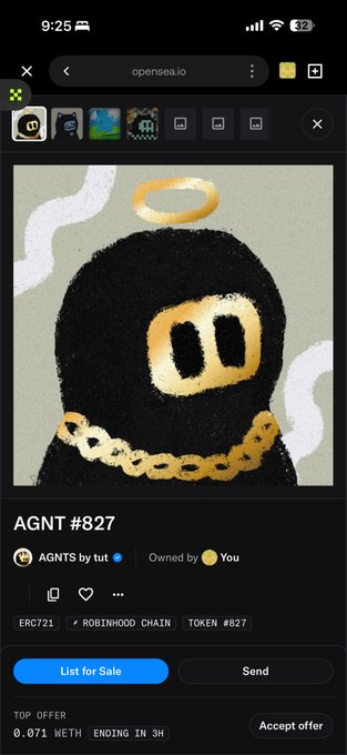 A mobile screenshot of an OpenSea listing for AGNT #827, showing a top offer of 0.071 WETH ending in 3 hours, well below the poster's claimed floor price of 0.25 ETH. The image highlights a stark contrast between the low current bid and the artist's $5 mint cost, emphasizing the disappointing return.