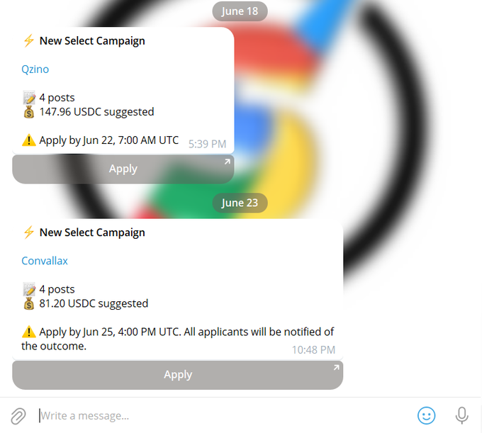 "New Select Campaign May 21, 2018" at the top of the screen with a "Wallchain Convallax" logo at the bottom right corner. The text below shows that four posts have been suggested as part of the campaign for a new program called Convallaxy (don't click on it).