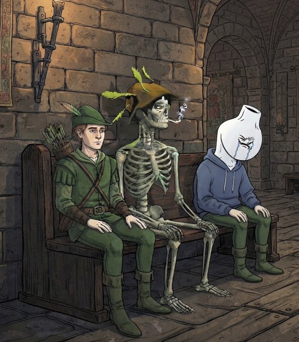 Three figures sit on a wooden bench in a stone hall: a Robin Hood-like archer in green, a smoking skeleton in a tattered hat, and a confused person with a cracked vase for a head, illustrating the tweet's joke about peasants, a smoking skeleton, and a clueless "retard" waiting for the RETARD SHOW #3 X Space at 18:00 CET featuring @SherwoodNFTs.