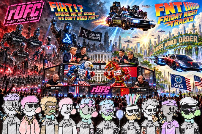 A colorful illustrated promotional image featuring 'FUFC ROBOT FIGHT LEAGUE,' 'FIAT!?! WHERE WE'RE GOING WE DON'T NEED FIAT!?!,' and 'FNT FRIDAY NIGHT TRACKS MAXIMUM WORLD ORDER,' with cartoon characters labeled 'Good Fellas' lined up at the bottom and commentators Dana White and Joe Rogan visible at ringside.