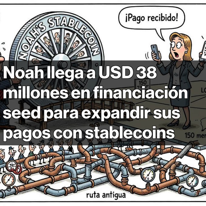A cartoon illustration with Spanish text 'Noah llega a USD 38 millones en financiación seed para expandir sus pagos con stablecoins,' depicting 'NOAH'S STABLECOIN' ferris wheel and a woman exclaiming '¡Pago recibido!'