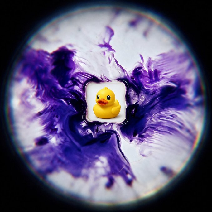 A yellow rubber duck icon sits centered within a swirling purple and white abstract background, framed by a dark circular border with rainbow distortions. The bold yellow duck contrasts sharply with the dramatic purple hues, creating a playful meme-style visual that gives the $EPIK token its quirky, memorable mascot.