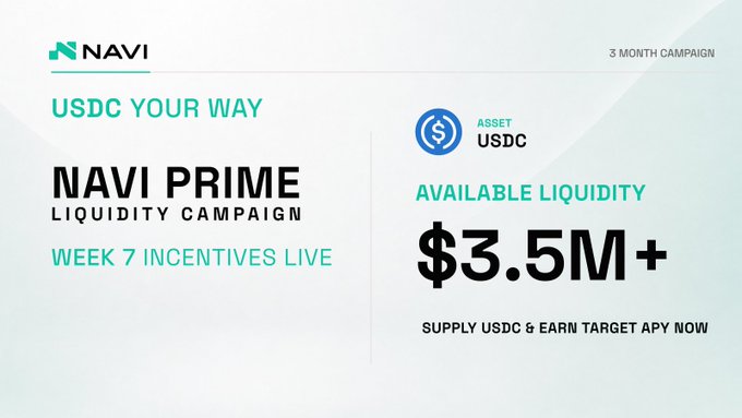 Promotional banner for NAVI's 3-month USDC Prime Liquidity Campaign, featuring Week 7 incentives and highlighting more than $3.5M in available liquidity for USDC.