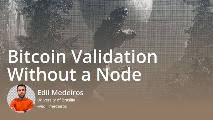 A presentation slide titled 'Bitcoin Validation Without a Node' by Edil Medeiros of the University of Brasilia, featuring a background image of a bear facing the moon.