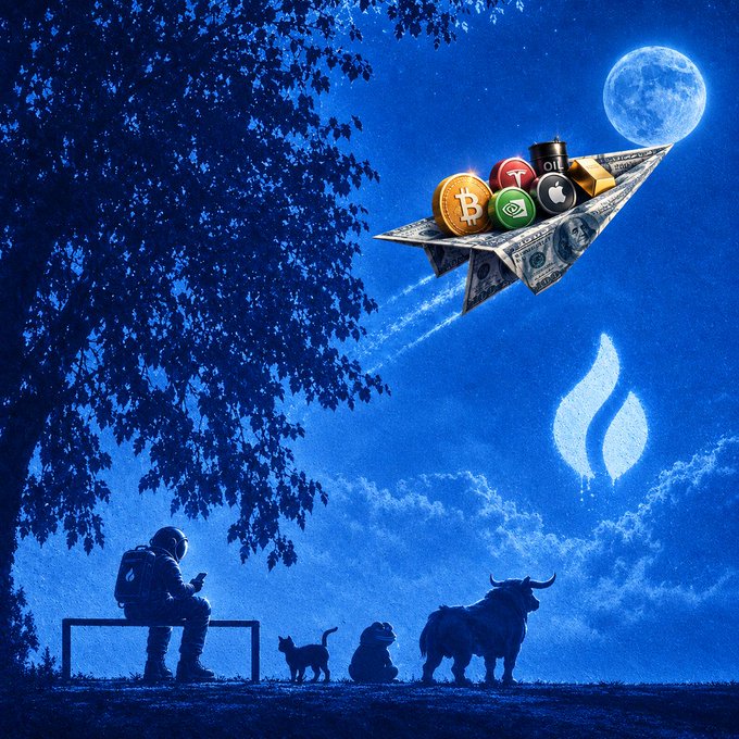 An astronaut sits on a bench with a cat, dog, and bull beneath a tree, gazing up at a paper airplane made of dollar bills carrying Bitcoin, Nvidia, Apple, Tesla, and oil tokens toward the moon—evoking a hopeful vision of wealth, technology, and markets "lifting off," as if the signs point to crypto and stocks soaring to new heights.