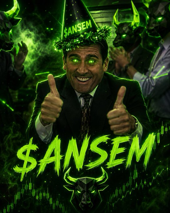 A man wearing a "$ANSEM" cone hat and surrounded by glowing green bull masks gives two enthusiastic thumbs up, with the bold "$ANSEM" logo displayed prominently below him. The image's bullish green energy, celebratory tone, and prominent "$ANSEM" branding visually reinforce the post's message of gratitude for hitting 100 subscribers and rallying community momentum around the ticker.
