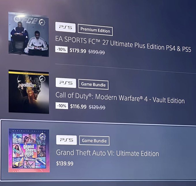 A PlayStation Store screenshot showing deals on EA SPORTS FC 27 Ultimate Plus Edition ($179.99), Call of Duty: Modern Warfare 4 - Vault Edition ($116.99), and Grand Theft Auto VI: Ultimate Edition ($139.99).