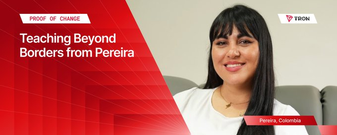 A smiling woman with long dark hair sits on a gray couch in Pereira, Colombia, featured in a TRON "Proof of Change" promotional graphic titled "Teaching Beyond Borders from Pereira." The image visually introduces Marcela Mosquera, a language teacher whose story highlights how TRON enables reliable cross-border payments for global educators.