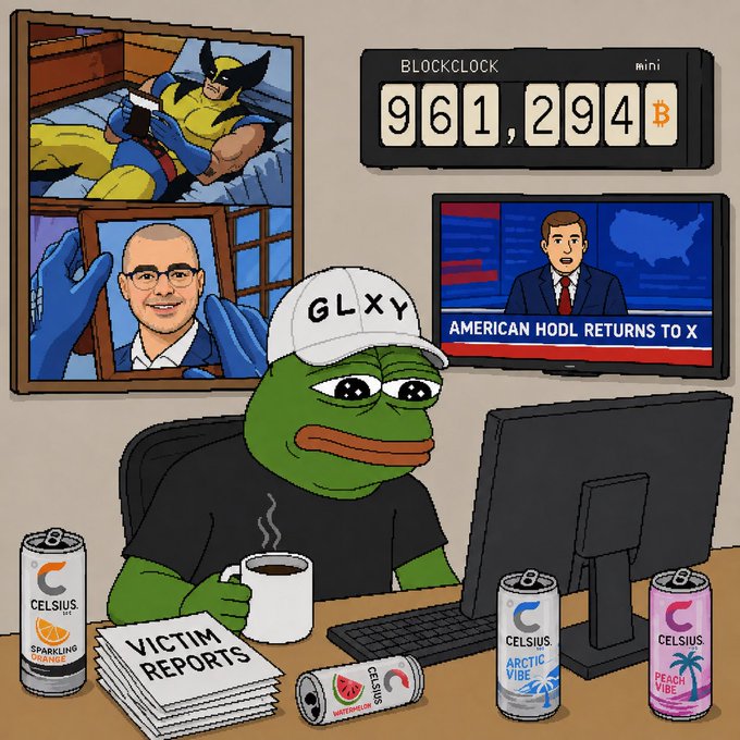 A Pepe the Frog character wearing a "GLXY" cap sits at a desk surrounded by Celsius energy drinks, stacks of "VICTIM REPORTS," and mugs, while a "BLOCKCLOCK mini" displays "961,294 ₿" and a TV reads "AMERICAN HODL RETURNS TO X," satirizing a crypto advocate overwhelmed by Celsius bankruptcy victim complaints while flaunting Bitcoin holdings.