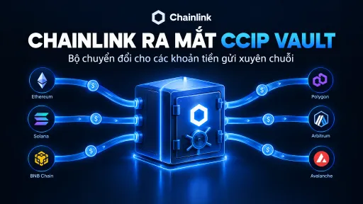 A promotional graphic for Chainlink announcing the launch of 'CCIP VAULT' (Bộ chuyển đổi cho các khoản tiền gửi xuyên chuỗi), featuring the Chainlink logo connected to Ethereum, Solana, BNB Chain, Polygon, Arbitrum, and Avalanche.