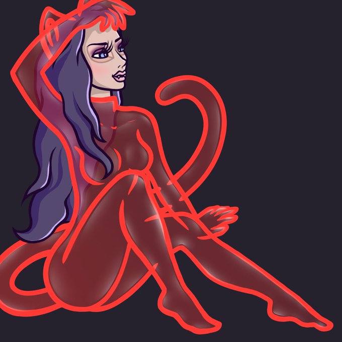 A digital artwork of a stylized female character with long dark purple hair, drawn with bold red outlines over her skin-tight suit, posed against a dark gray backdrop.