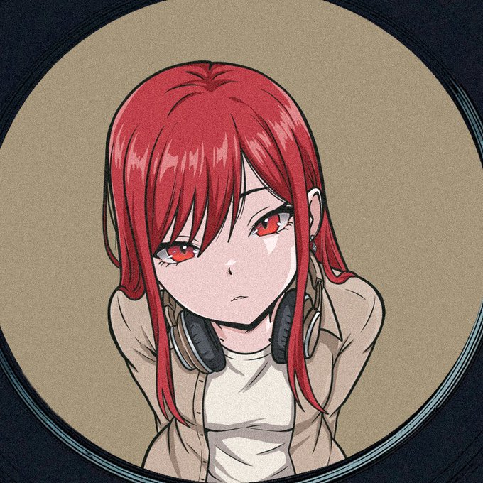 An anime-style illustration of a red-haired girl with headphones around her neck looks up through a circular frame, resembling a vinyl record viewed from the spindle. The image fits the post as a newly acquired digital collectible (NFT), which the user celebrates with humor while saying they'll "touch grass" on a Sunday.