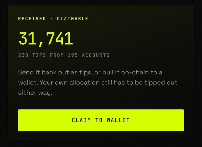 A dark UI screen showing '31,741 RECEIVED · CLAIMABLE' from '238 TIPS FROM 195 ACCOUNTS' with a yellow 'CLAIM TO WALLET' button.
