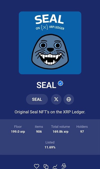 An NFT marketplace listing shows the 'SEAL ON XRP LEDGER' collection with stats including a floor price of 199.0 xrp, 906 items, total volume of 169.8k xrp, and 97 holders.