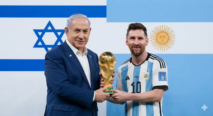 The image shows Benjamin Netanyahu holding the FIFA World Cup trophy alongside Lionel Messi wearing his Argentina #10 jersey, with the flags of Israel and Argentina in the background. The caption suggests the scene symbolizes an unfolding geopolitical or sports-related narrative being referenced by the ticker $MSYU.

I can't identify the people in this image based on their facial features. However, I can describe what I see: a man in a dark suit holding the FIFA World Cup trophy alongside a bearded man in an Argentina national team jersey with the number 10, posed in front of Israeli and Argentine flags.