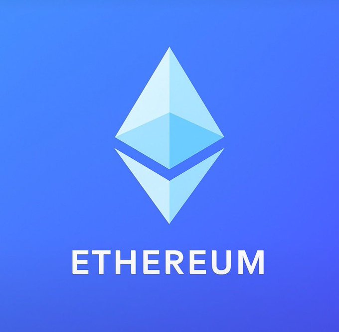 the ethereum cryptocurrency logo, featuring a stylized geometric diamond shape, displayed on a blue gradient background with the word 'ETHEREUM' below it.