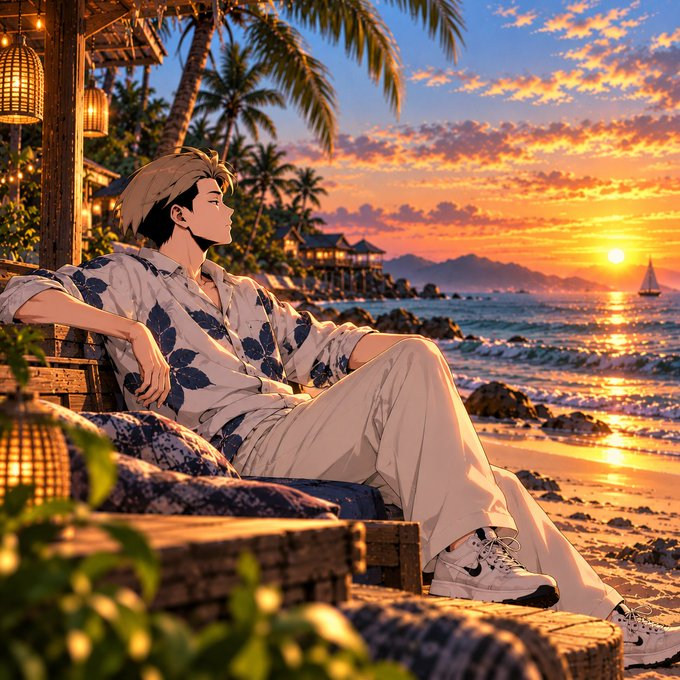A young man relaxes in a tropical beachside setting at sunset, wearing a patterned shirt and sneakers, gazing out at the ocean with palm trees and a sailboat in the distance. The image mirrors the post's message of consistency, evoking a peaceful, steady moment that reflects the calm discipline of maintaining a daily routine.