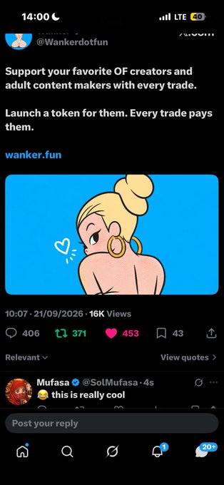 A Twitter/X screenshot from @Wankerdotfun promoting wanker.fun, a platform to support OnlyFans creators with a token, featuring cartoon artwork of a blonde woman and showing engagement metrics including 406 replies, 371 reposts, and 453 likes.