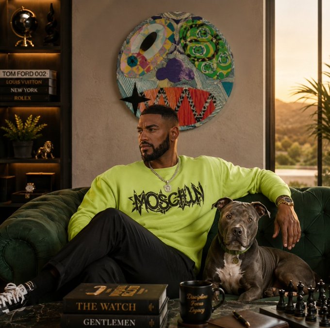 A stylish man with a beard wearing a neon yellow 'MOSCHIN' sweatshirt sitting on a green velvet couch next to a gray pitbull, with a colorful skull artwork on the wall behind him and books labeled 'TOM FORD 002', 'LOUIS VUITTON', 'NEW YORK', and 'ROLEX' on a shelf.