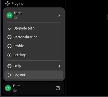 A dark-themed menu showing account options including "Plugins," "Farea," "Upgrade plan," "Personalization," "Profile," "Settings," "Help," and "Log out," with "Log out" currently highlighted. The image relates to the post by showing the ChatGPT account settings menu where a user would manage their "ChatGPT Go" subscription that the post claims can be obtained for free through the Plasma One crypto card's rebate program.