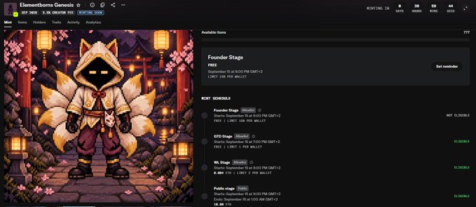 A crypto project webpage for "Elementborn Genesis" showing a pixel-art fox-like character with multiple NFT minting stages including Founder, GTO, WL, and Public stages with their respective dates and prices.