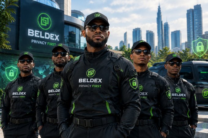 A group of men in black tactical gear with 'BELDEX PRIVACY FIRST' printed on their uniforms, standing in front of a building with a matching logo and a digital map background.