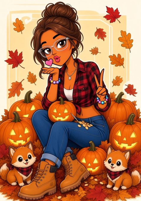A cartoon illustration of a young woman with a bun and glasses making a peace sign and kissing gesture, sitting among carved jack-o'-lanterns, autumn leaves, and two small fox-like creatures.