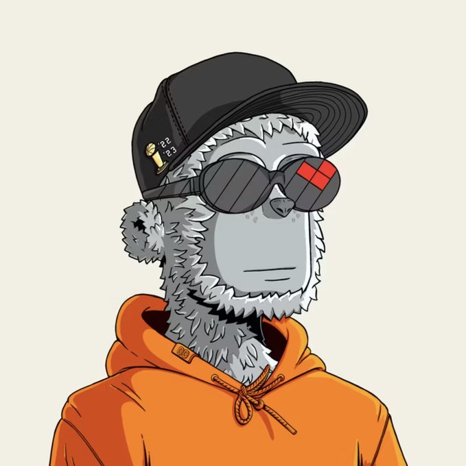 A digital illustration of a grey monkey or ape character wearing an orange hoodie, dark sunglasses with a red accent, and a black baseball cap with a gold pin reading '22-23'.