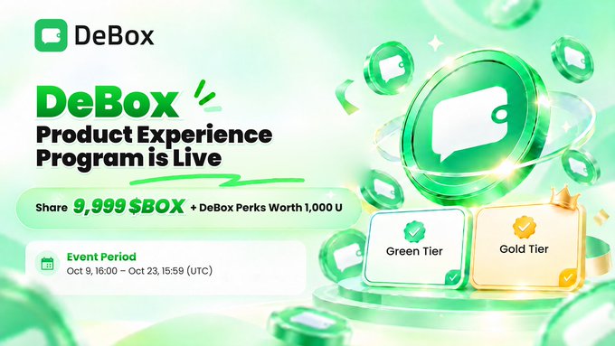 A promotional graphic for DeBox announcing its Product Experience Program, offering to share 9,999 $BOX plus DeBox Perks worth 1,000 U for users who try features like Chats, Trading, DeSwap, or Multi-chain Wallet, with tier badges for Green and Gold rewards. The event runs from Oct 9, 16:00–Oct 23, 15:59 (UTC), aligning with the post's call for users to test DeBox's features and share feedback.
