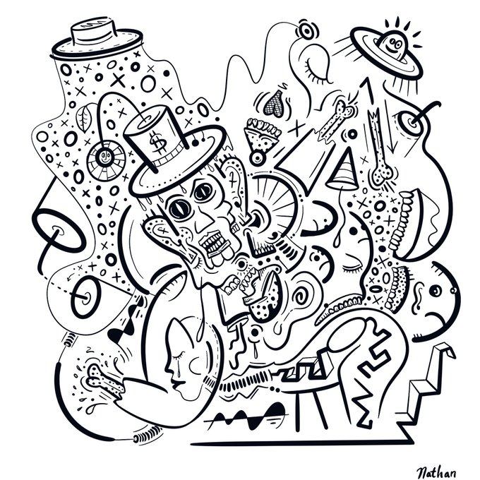 A black and white doodle illustration signed 'Nathan' featuring a dense, surreal collection of objects including a face, pizza slice, money bag, key, and abstract shapes.