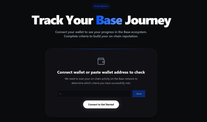 The image shows a website called "Track Your Base Journey" with a black background, white text, and blue buttons. The main focus of the image is a button that says "Connect your wallet or paste wallet address to check". This button allows users to connect their wallet to the website so they can see how well it performs in the ecosystem without having to connect a wallet themselves.