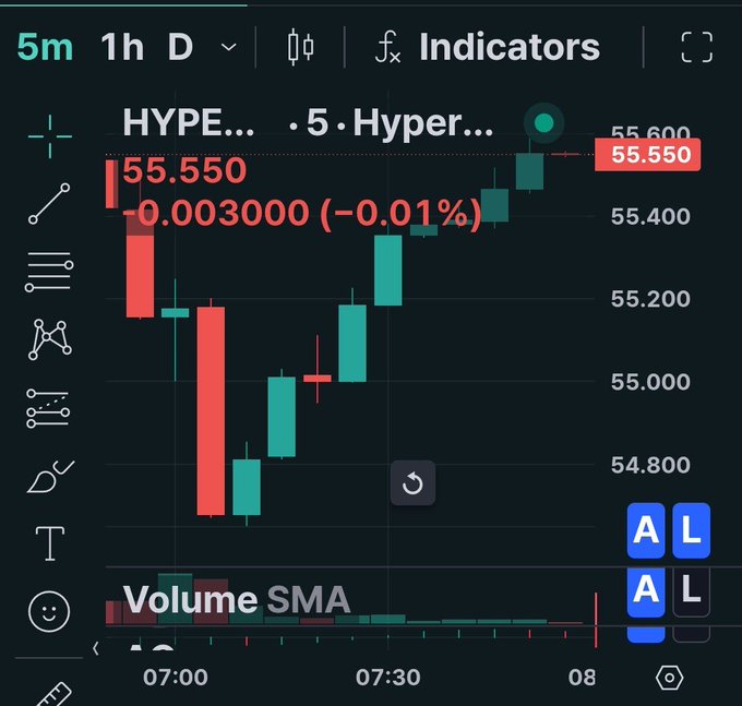 A 5-minute candlestick chart shows the HYPE/Hyperliquid trading pair hovering around $55.55-$55.60, with a slight change of -0.003000 (-0.01%) and a Volume SMA indicator below.