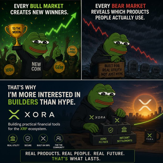A multi-panel promotional graphic for 'XORA' cryptocurrency built on the XRP ecosystem, featuring a Pepe-like frog character and contrasting bull market versus bear market imagery.