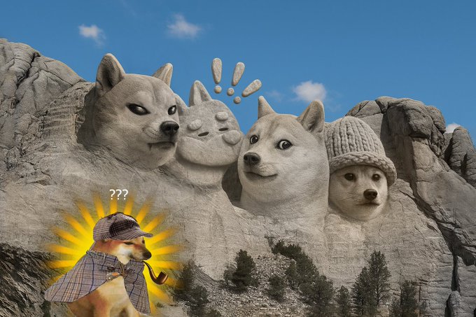 The image shows a digitally edited Mount Rushmore where the four presidential faces have been replaced with Shiba Inu dog faces—three wearing various expressions and one wearing a knit beanie—while a detective Shiba Inu in a plaid cap and coat smoking a pipe observes with "???" above its head, referencing the meme's detective trope used to predict the next viral dog coin in the sequence ($DOGE → $SHIB → $WIF → $NEIRO → $PIPEDOG).